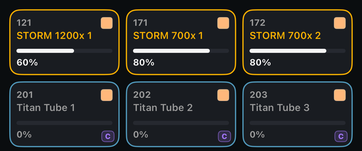 Six fixture pills. The top row of three is outlined amber and reads 60%, 80% and 80%. The second row is outlined cyan, reads 0%, and each carries a violet C badge.