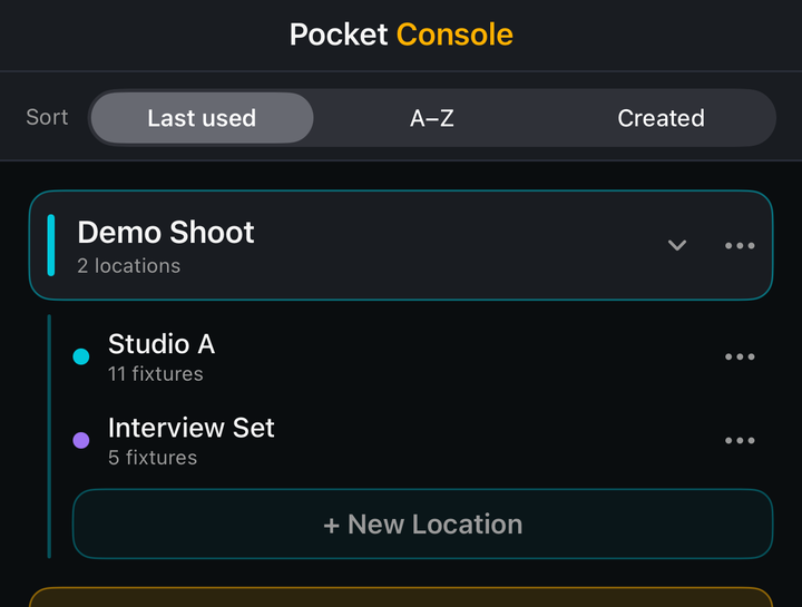 The Projects screen: a sort control, then the Demo Shoot project row expanded to show the Studio A and Interview Set locations and a New Location button.